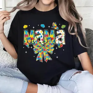 Autism Mama Puzzle Bow Shirt, Autism Awareness Sweatshirt, Mama Coquette Bow Tee, Puzzle Autism Ribbon T-shirt, Autism Month Mom Shirt #tshirt #tshirtoutfit #viraltee #outfitinspo #streetstyle #everydayfit