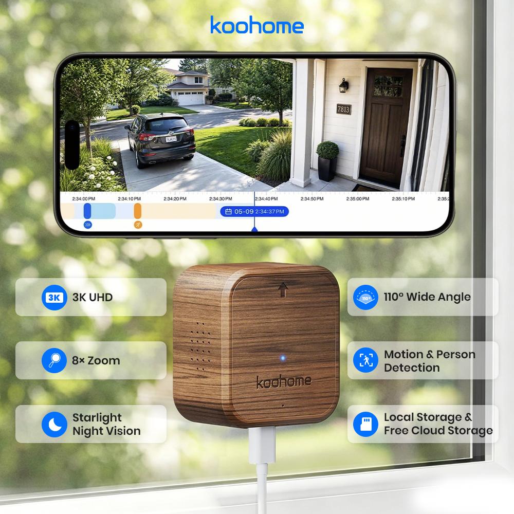Koohome 3K Window Security Camera, Walnut Wood Design & Magnetic Mount, Full-Color Night Vision, Free Cloud Storage, SD Card Slot, Dual-Band WiFi, Motion & Person Detection, 24/7 Recording, Easy Setup for Home & Apartment