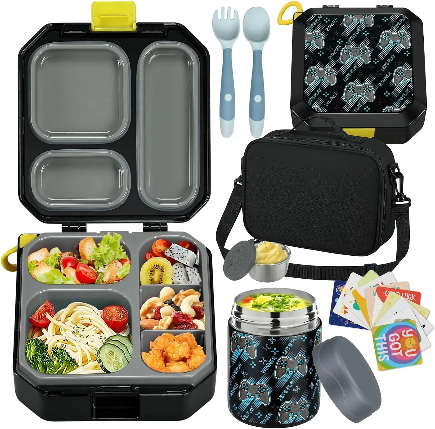 [Summervibes]wiwens Bento Lunch Box for Kids with 12oz Soup Thermo Leak-Proof Lunch Food Container with 5 Compartment Thermo Hot Food Jar and Insulated Lunch Bag for Kid Toddler Girls Boys to School