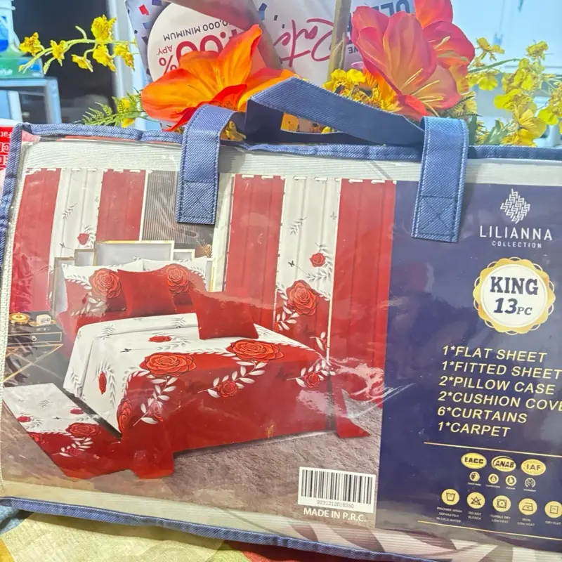 Lilianna Red Bed Sheets King Size 13 Piece Set with Flat Fitted Sheets Pillow Cases Cushion Covers Curtains and Carpet
