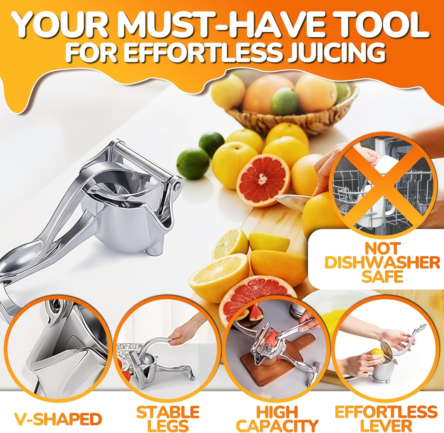 Heavy Duty Aluminum Hand Press Juicer - Manual Citrus Juicer with Ergonomic Grip for Pomegranates, Orange & Lemon, Durable Compact Squeezer for Efficient Juice Extraction, Easy to Clean.