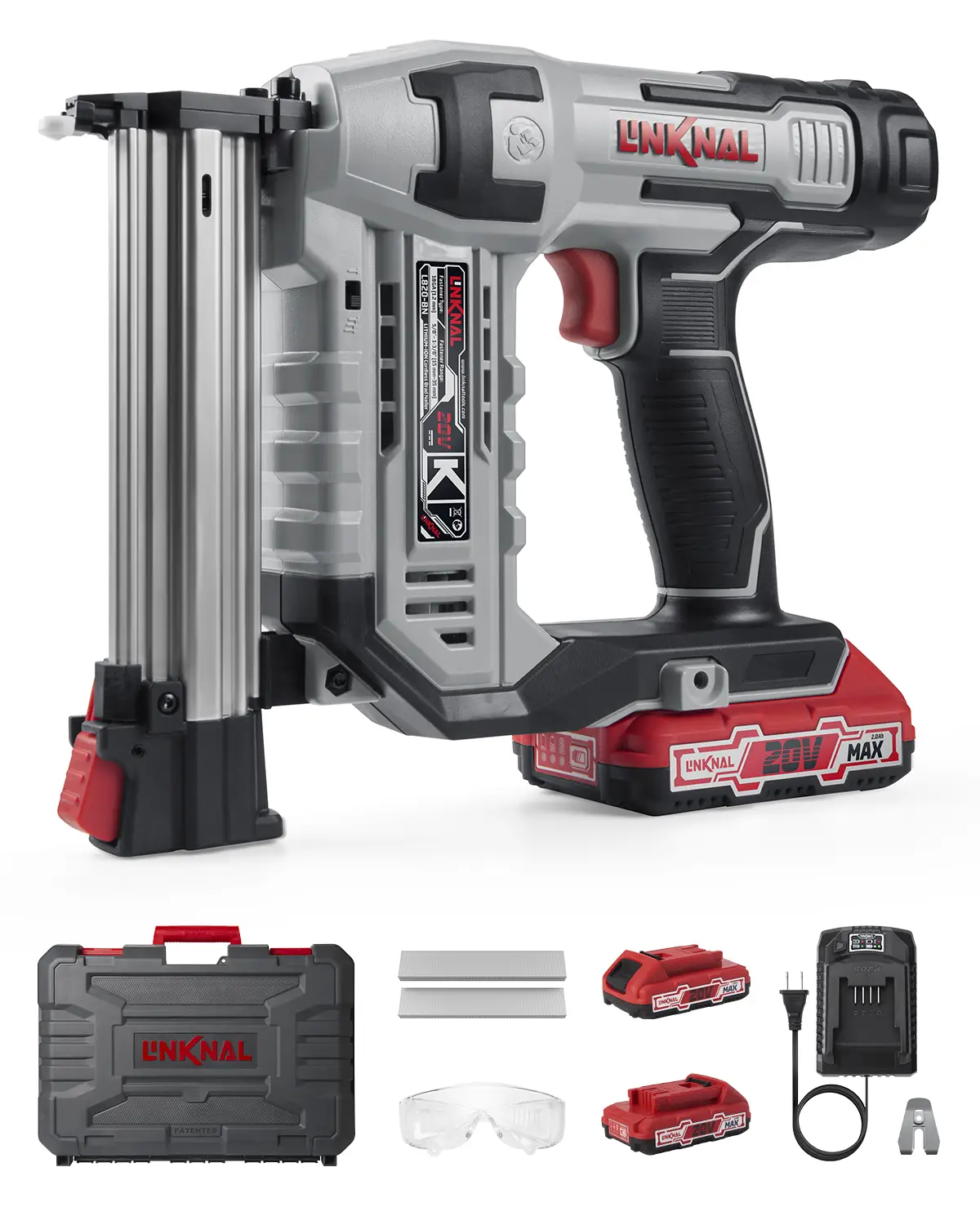 LINKNAL Electric Nail Gun, 18 Gauge, 2×20V Li-ion Batteries, Charger & 1000 Nails Included (L820-BN) - Tool Cordless Heavy Duty