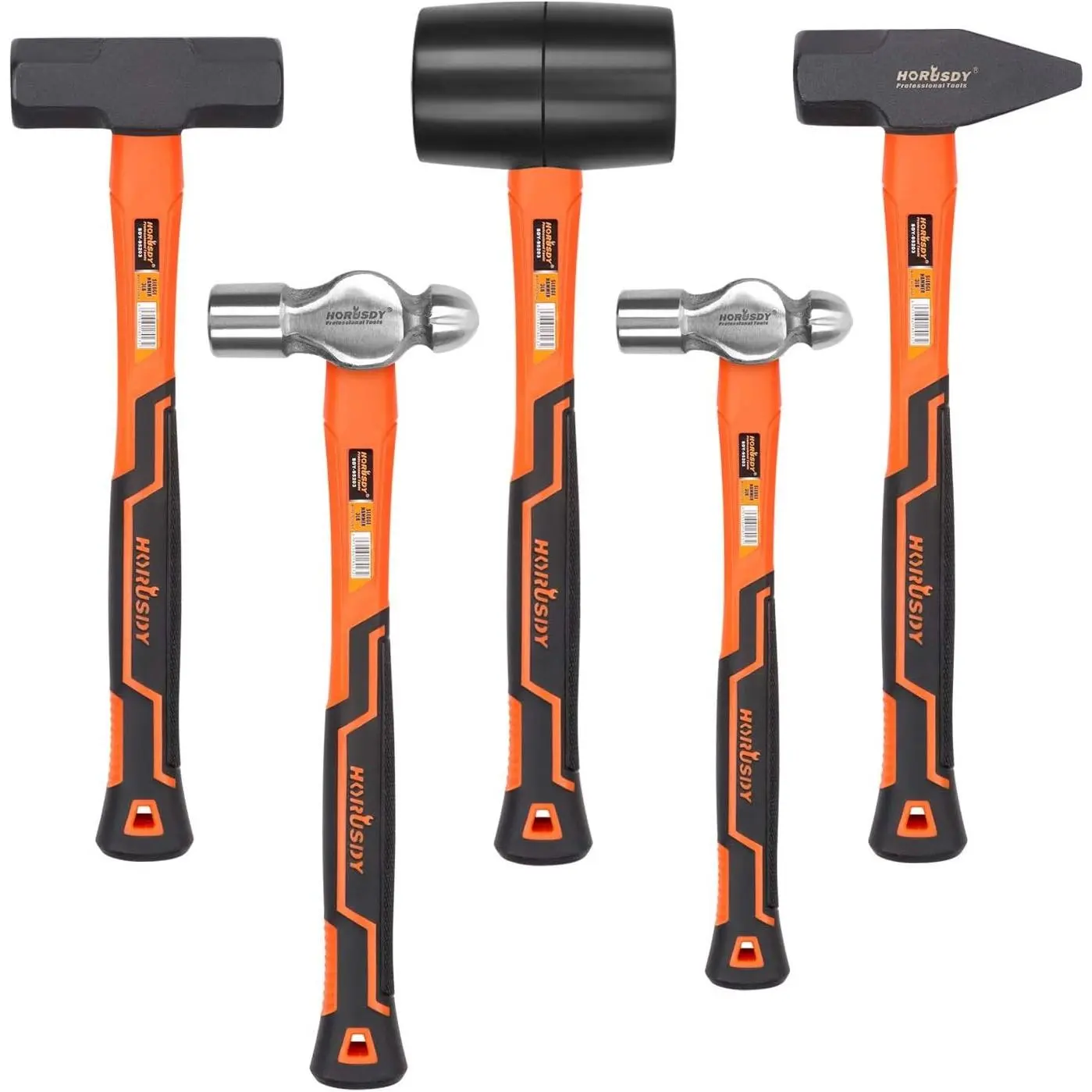 HORUSDY 5-Piece Multi-Size Tool Set (5 Hammers) - 16oz Ball Pein, 32oz Ball Pein, 32oz Rubber Mallet, 3lb Sledge, 3lb Cross Peen with Shock-Absorb Handle for Camping, Hiking Tent Setup, Five Hammers