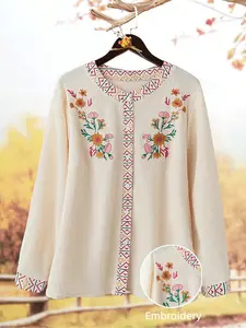 Elegant Casual Round Neck Floral Embroidered Long Sleeve Shirt for Women, Loose-Fitting New Arrival, Perfect for Daily Wear
