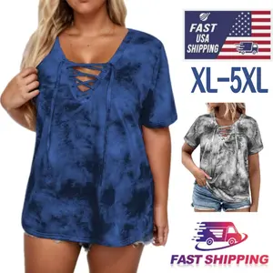 PLUS XL-5XL Summer Womens V-neck Pullover Casual Loose Top Short-sleeved T-shirt