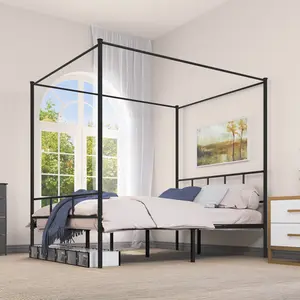 YITAHOME Queen/King Size Bed Frame, Metal Canopy Four Poster Bed Frame with Built-in Headboard Metal Slat Mattress Support, No Box Spring Needed,Black