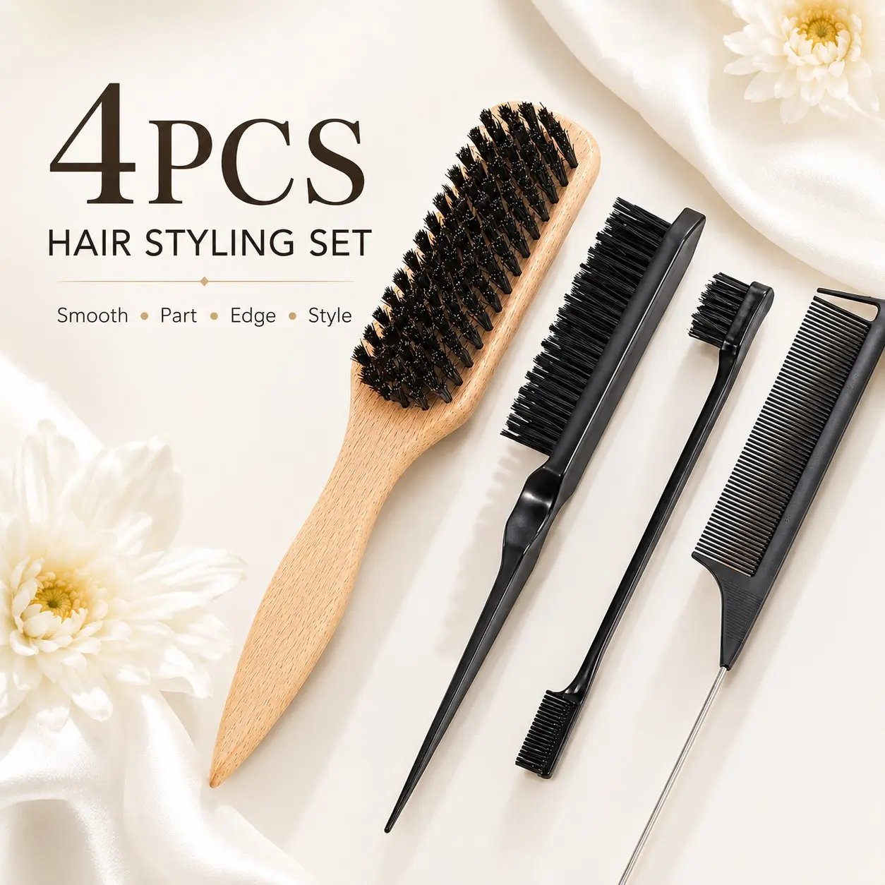 4pcs Bristle Hair Brush & Comb Set - Unisex Edge Control Styling Kit Detangling Hairbrush, Detangler Brush for Slick Back, Smoothing, Detangling, and Adding Volume - Suitable for Curly, Normal, and Wavy Hair Types, Unscented, Gentle, and Easy to Clean