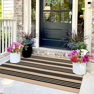 Farmhouse 3x5 Outdoor Rug, Black and Khaki Striped Rugs Washable,  Woven Reversible Front Porch Rug, Layered Doormats Carpet for Entryway Outdoor Entrance Front Door Porch Patio Decor