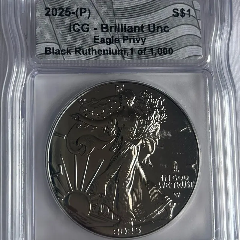 2025-P US Silver Eagle Coin - ICG BU Grade, Black Ruthenium Finish, Eagle Privy Mark, Limited Edition 1 of 1000