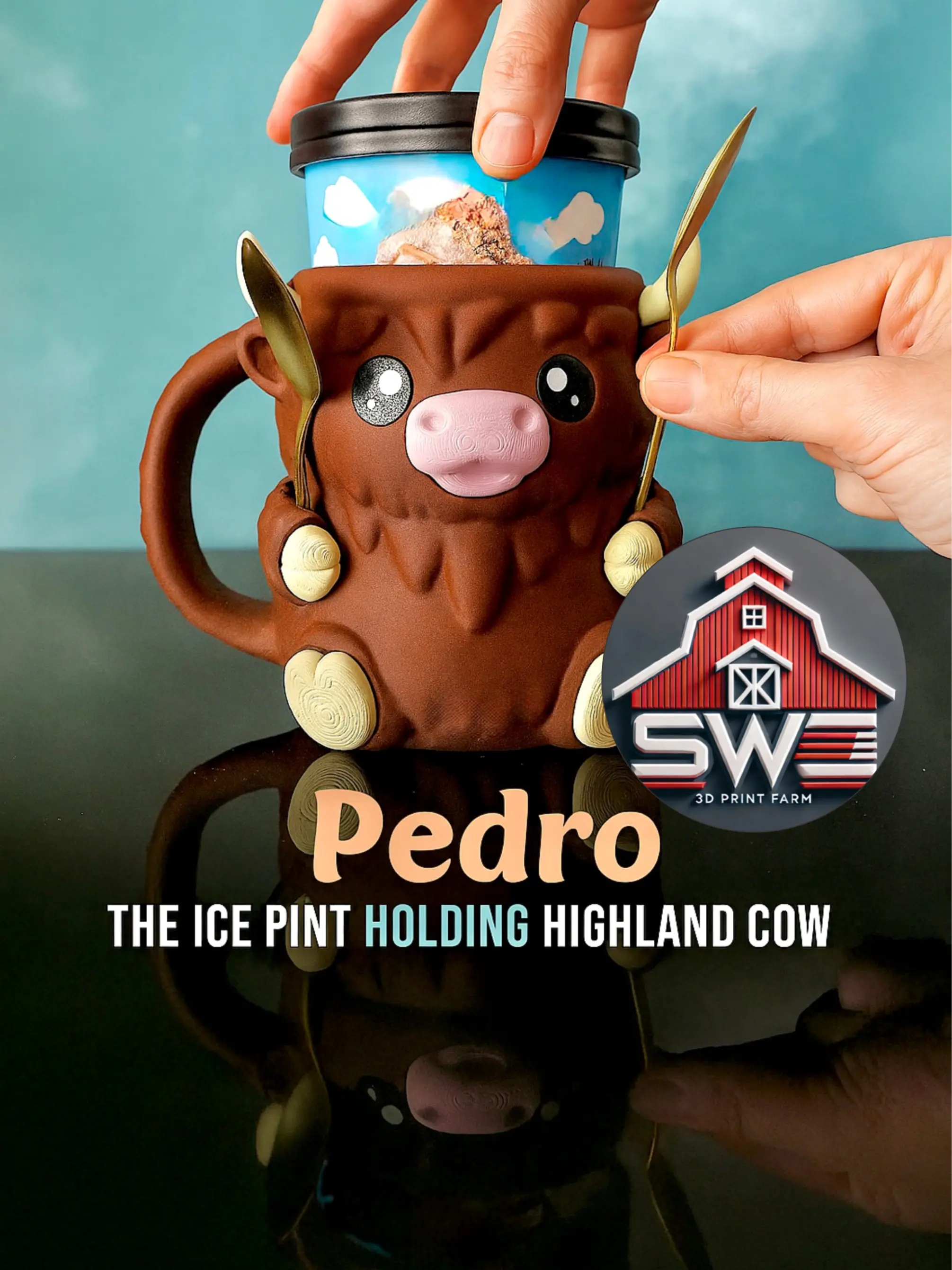 Pedro Ice Cream Pint Holder the Highland Cow with Spoon Slots | Eco-Friendly 3D Print + Free Gift