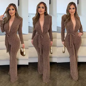Anabella Gold Shine Jumpsuit - Long Sleeve, V-Neck, Fitted, Plain, Elegant, All Seasons, Party Wear