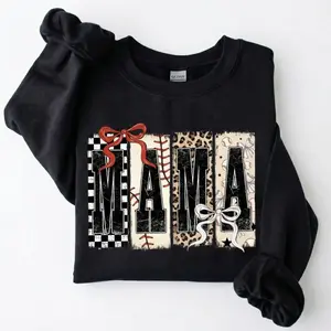 [MADE IN US] Leopard Baseball Mama Sweatshirt - Checkerboard Bow Graphic - Boutique Game Day Crewneck