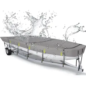 800D Heavy Duty Jon Boat Cover 12ft-14ft Windproof Waterproof UV Protection Tear Fade Resistant Metal Buckle Straps Trailable Gray