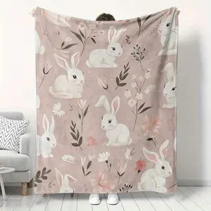1Pc Ultra-Soft Warm Rabbit Flannel Throw Blanket – Cozy Light Pink With Cute Bunnies & Floral Design, Perfect For Couch, Bed, Travel, And Gift For Boys, Girls, And Adults, All-Season Comfort, Cozy Home Decor |   Cozy Animal Print |   Soft Flannel Fabric,