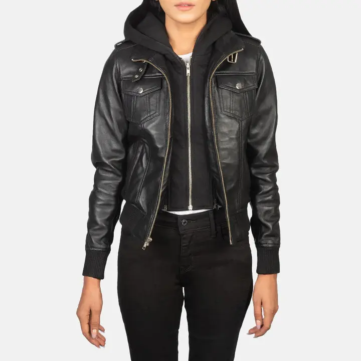 Women's Long Sleeve Casual Noir Hooded Leather Bomber Coat