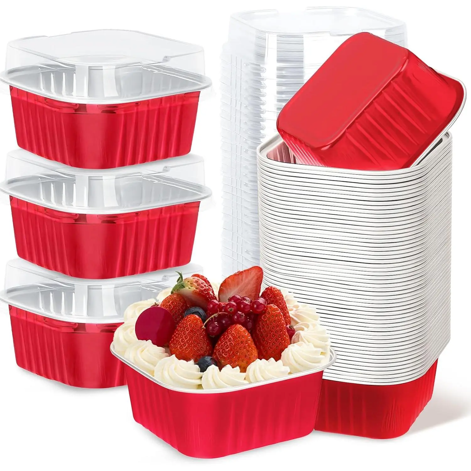 30-Pack 5oz Square Aluminum Foil Mini Cake Pans with Lids - Disposable Plastic-Packaged Bakeware, Individual Dessert Ramekins for Baby Showers, Birthdays, Party Events