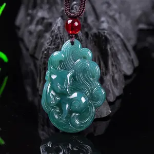 Genuine Natural A Grade Jadeite Blue Water Fox Fairy Nine-Tailed Fox Pendant Waxy Jadeite Hanging Ornament Flower Piece for Women