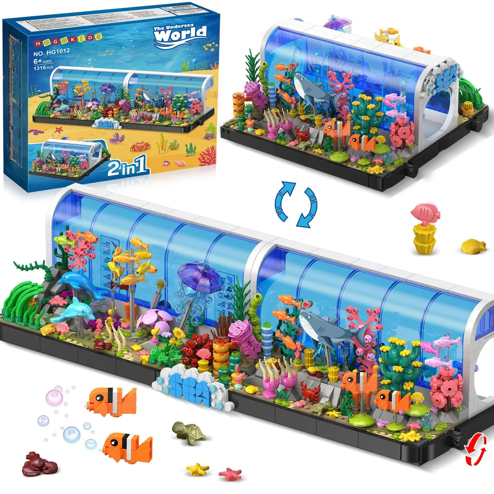 Aquarium Building Kit With Rotating Tank | STEM Ocean Toy For Ages 6+ & Adults | 2 Styles, 5 Sea Animals (Dolphins/Shark/Jellyfish) | Birthday/Christmas/New Year Gifts