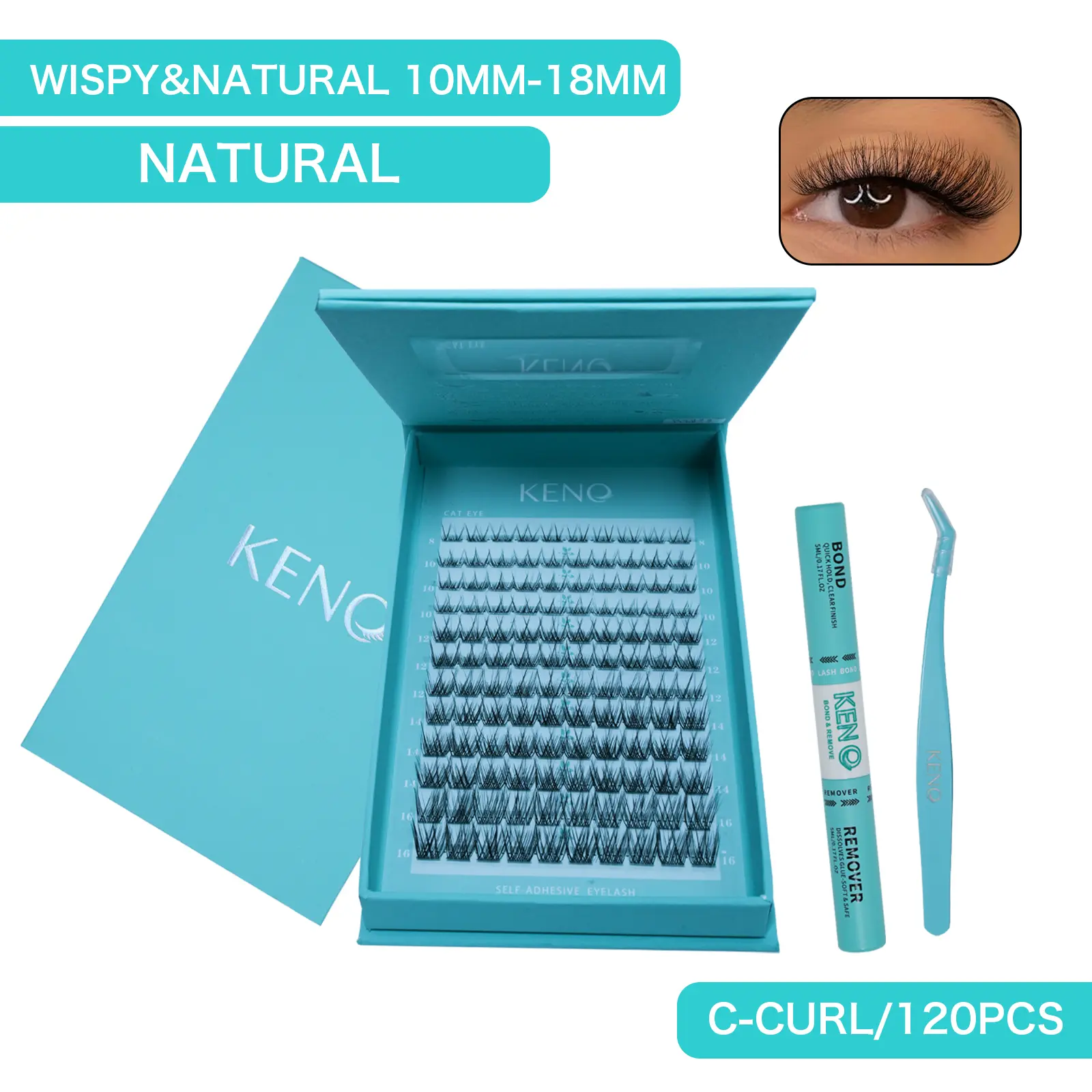 Keno Glue-On Lash Clusters Kit – DIY Lash Extensions with Bond, Waterproof, 3–7 Day Hold, Soft & Weightless Fluffy Lash Segments