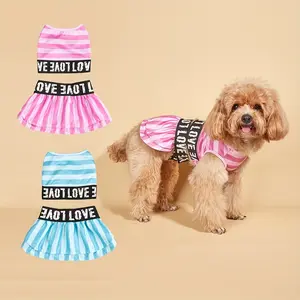 Pink/Blue Stripe 'LOVE' Dog & Cat Dress - Ruffled Skirt Pet Outfit, Sweet-Cool Style Clothing for Small Medium Poodle Pets
