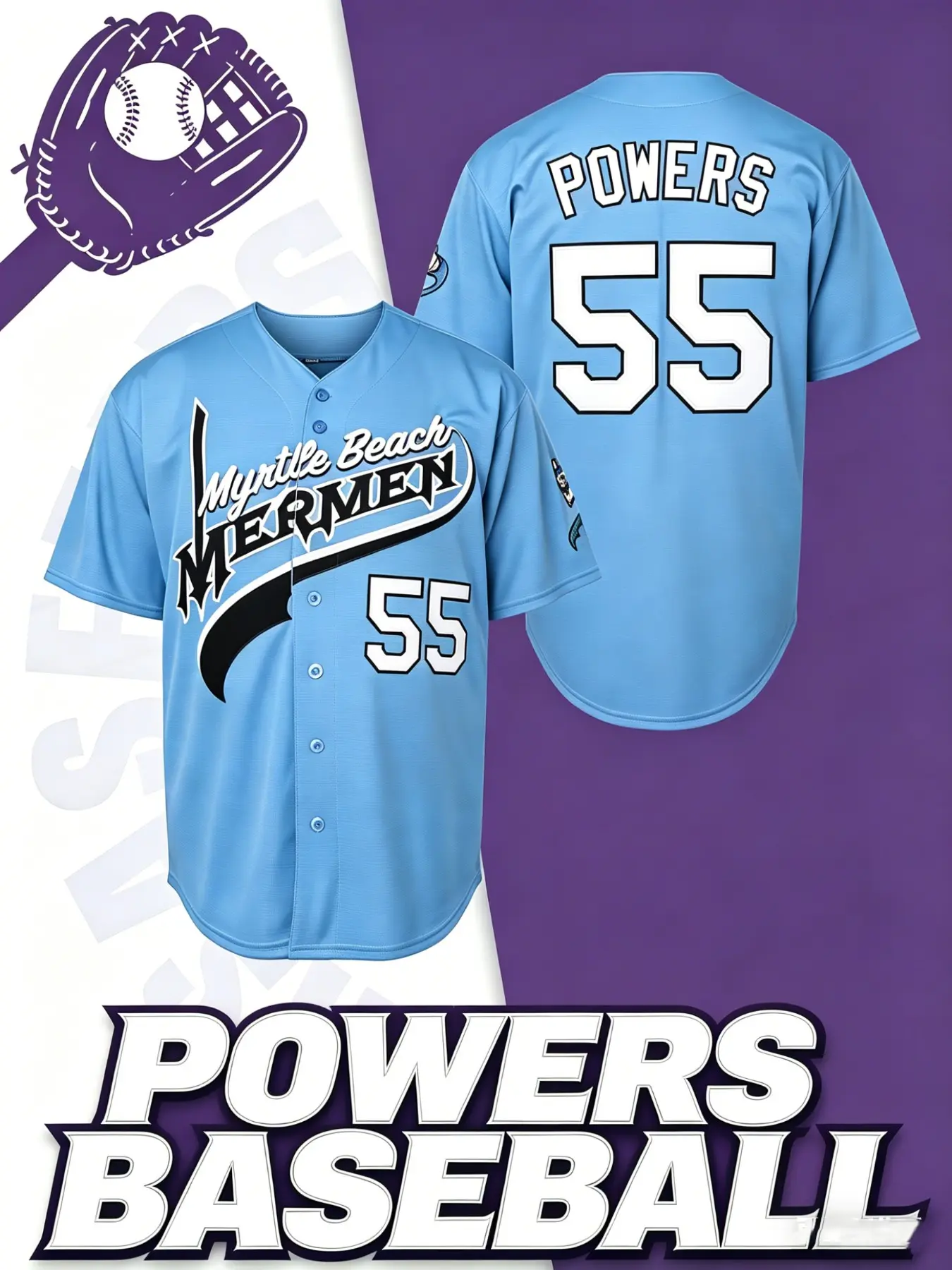 #55 Embroidered Letter Powers  Baseball Jersey, Quick-Dry Short Sleeve, High-Quality, Casual Loose Fit, Spring & Fall, Sports Jersey, Sports Apparel