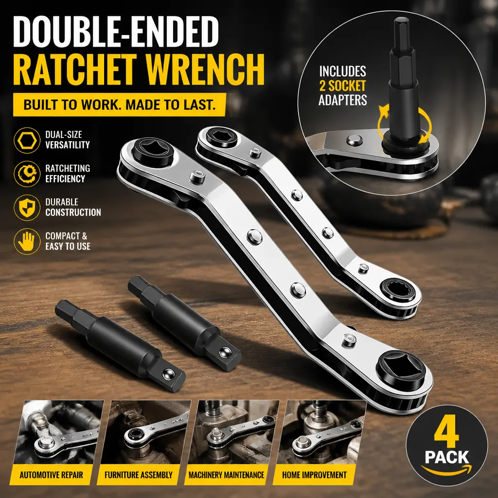 Multifunctional Alloy Steel 4-Pack HVAC Service Ratchet Wrenches - 3/16in, 5/16in, 1/4in, 3/8in Sizes, Quick Flip Design, 2 Hex Adapters, Compact & Easy to Use Tool Kit for HVAC Repairs, Valve Fittings Technicians, Multifunctional Wrench, Inches