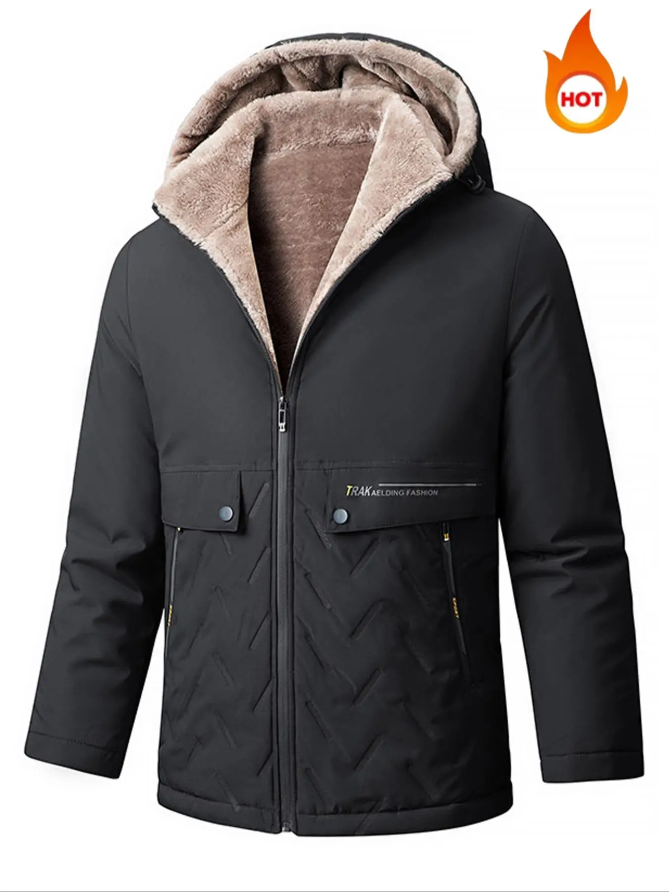 Men's Full-zip Fleece Lined Hooded Heated Winter Jacket, Zipper Pocket Long Sleeve Thickened Thermal Coat for Men, Men's Outerwear for Winter, Menswea