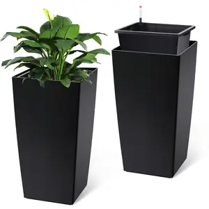 30" Tall Planter Set of 2,High Front Porch Planter Pots with Drainage Holes＆Water Level Monitor＆Inner Bucket, ,Grande Plant,Tree,Black