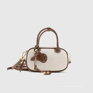 URBAN REVIVO Women's Classic Handbag - PU Leather & Textile Box-Shaped 2-Tone Contemporary Handbags for Women, with Handle, Detachable Shoulder Strap, Chain-Draped Elegant Bag, Chain-Draped Women's Handbags