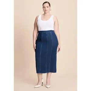ELOQUII Women's Plus Size Seamed Denim Column Skirt