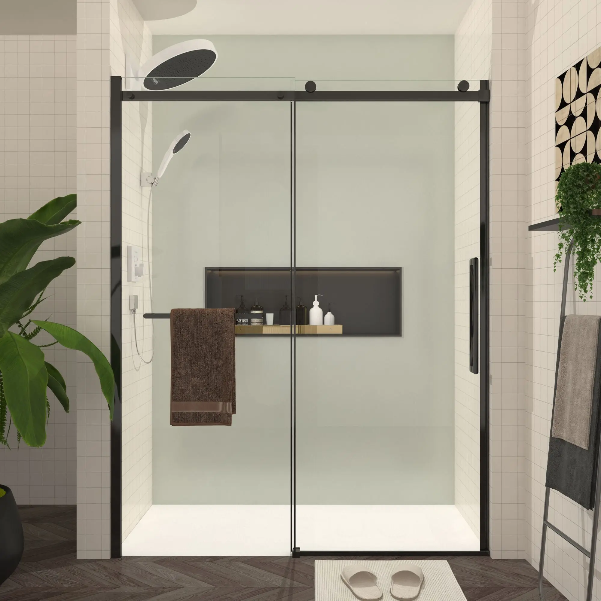 Sliding Shower Door, 8mm Frameless Glass Shower Door with Matte Black Hardware, Towel Bar and Handle, S-RM6076TB 56-60"W x 76"H