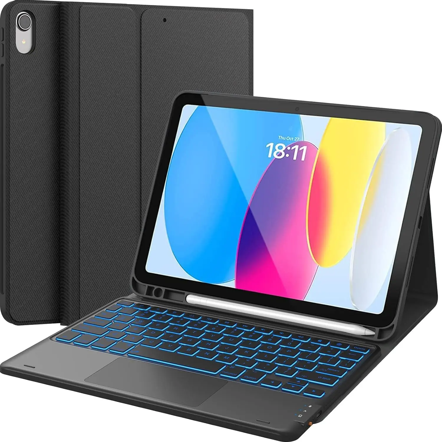 Chesonas Smart Keyboard Case Compatible for iPad 11th(A16)/10th Generation Case with Keyboard | Detachable Folio Keyboard Case with Multi-Touch Trackpad, 7-Color Backlight, Pencil Holder & Dual Bluetooth