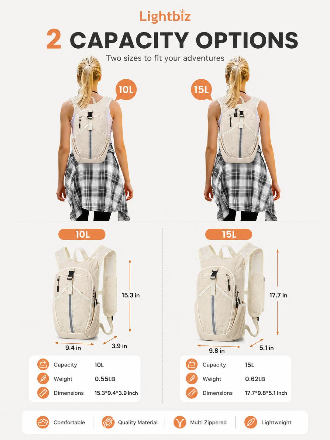 Lightbiz 10L/15L Foldable Hiking Backpack for Women Men, Lightweight Packable Travel Daypack with Shoulder Strap Phone Pocket, Adjustable Chest Strap, Reflective Strip & Bottle Pockets for Hiking, Cycling, Camping, Walking