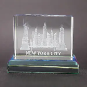 3D Manhattan "NEW YORK CITY" Skyline Laser Etched Crystal W/ Base (2x1.5in) | New York Sculpture Model