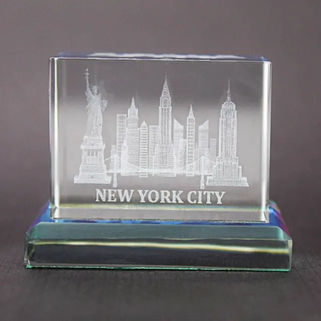 3D Manhattan "NEW YORK CITY" Skyline Laser Etched Crystal W/ Base (2x1.5in) | New York Sculpture Model