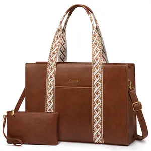 【NEW IN】LOVEVOOK Laptop Tote Bag for Women, Adjustable Shoulder Strap Vintage Work Bag, Waterproof Leather Computer Briefcase, Multi-Compartment Teacher Tote Bag, Suitable for Daily Office, Shopping, College, Business Trip, Weekend Getaway, Travel