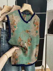 Spring Summer Elegant Fitted Sleeveless Women's Geometric Pattern Printed Chic Elegant Vest Sweater, Casual Contrast Hem Short Sleeve Knit Top, Comfortable Daily Wear, Knit Vest Tops