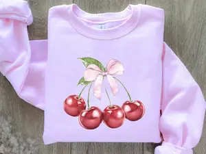 Cherry Pink Bow Coquette Aesthetic Sweatshirt, Trendy Pink Sweatshirt, Cherry Sweatshirts, Women's Trendy Crewneck, Gift for Her, Gift For Girl, Valentines Day Gift, Valentine's Day Sweater, Cherry Valentines Shirts, Cherry Shirt, Love Valentine Shirt