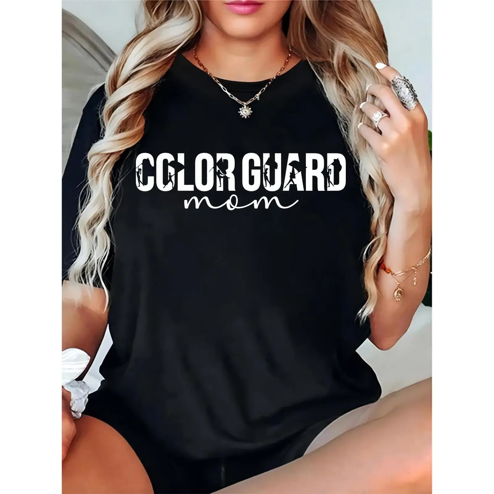 Women's Color Guard Mom Graphic T-Shirt, Casual 100% Cotton Short Sleeve Top, Soft Feminine Basic for Events & Competitions, Comfortable, Shortsleeve, Ladies, Essential, Elegant, Fit, Tshirt, Prints, Round Neck, Simple, Regular Fit, Breathable, Crew Neck