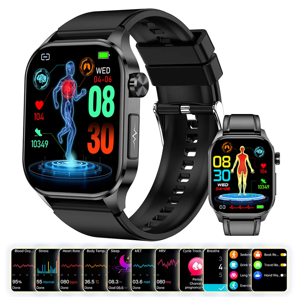 Unisex Fashion Wearable Medical Wristwatch - Android & iOS Compatible, Magnetic, 380mAh, IP68 Water Proof, Bluetooth Calls, AI Voice Assistant, Temperature Measurement, Sleep Monitoring, SOS Calls, 150 Sports Modes