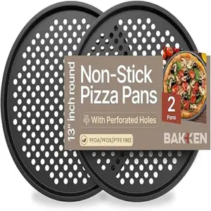 Bakken Pizza Baking Pan - Round Perforated Carbon Steel Pan with Non-Stick Marble Coating, Oversized Silicone Handle, Dishwasher Safe, High-Temperature Resistant, Durable & Easy Cleanup, 2 Pack
