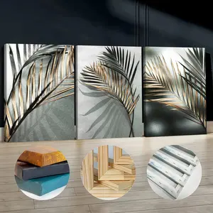 3Pcs Wooden Framed Canvas Painting, Gold And Grey Palm Leaves Images, Exquisite Poster, Home Decoration, Pattern Wall Art Decor, For Living Room, Bedroom, Office, Restaurant, Bar Wall Decor, Waterproof, Odorless, Painting, Print Artwork.