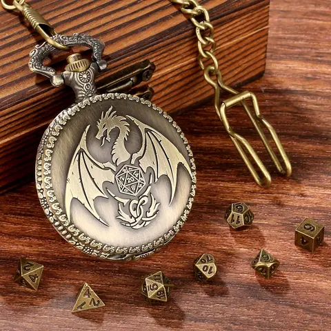 Fantasy Flying Dragon Design Pocket Watch Case with Chain & Dice, Vintage Style Watch Case with Chain & Dice, Role Playing Game Dnd Accessories