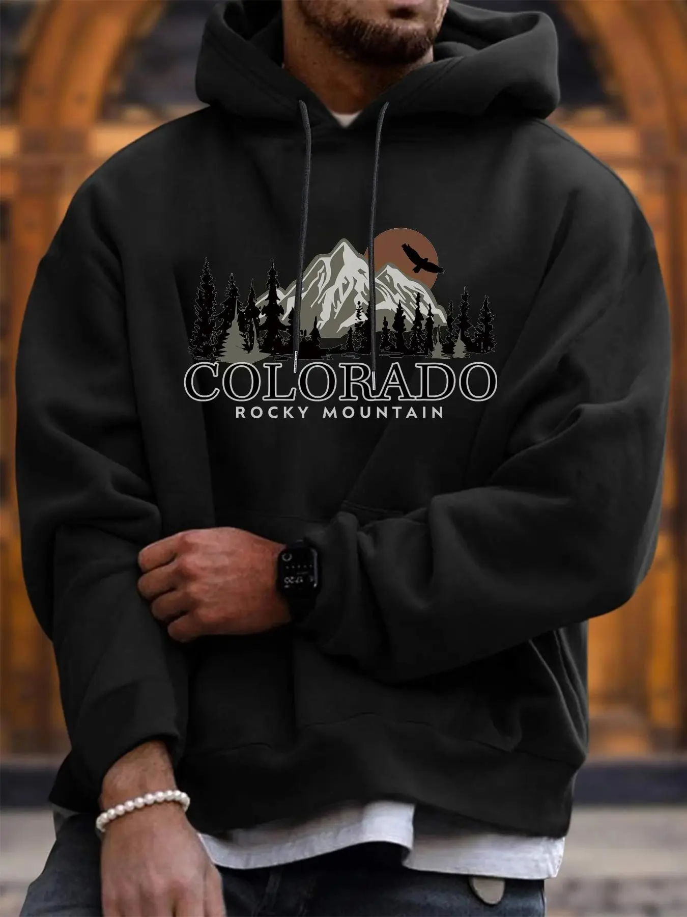 Men's Letter & Landscape Print Drawstring Pocket Essentials Hoodie, Loose Long Sleeve Hooded Sweatshirts, Casual Men's Streetwear Clothes for Fall & W