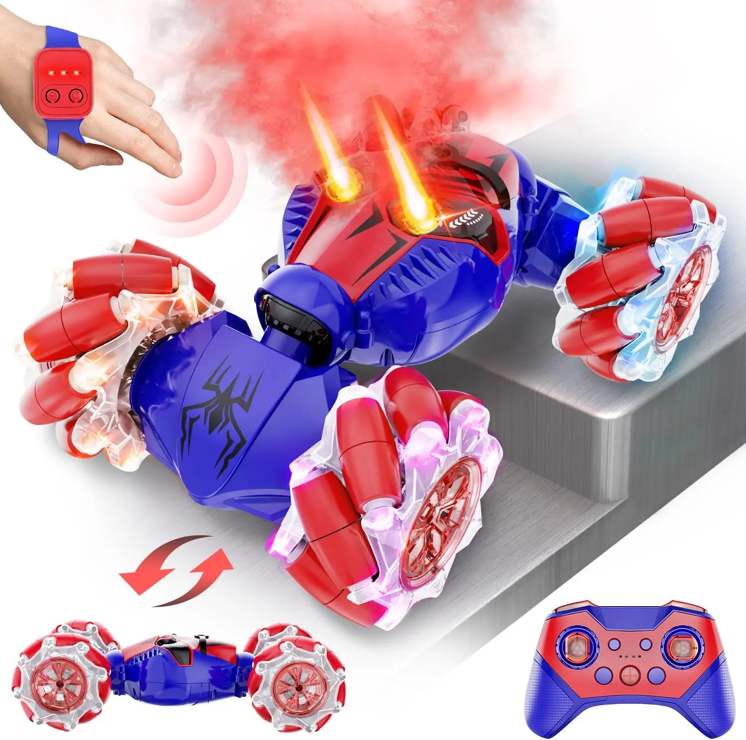 Spider RC car with spray, gesture sensing RC stunt car toy, 2.4Ghz hand-controlled drift car with lights and music