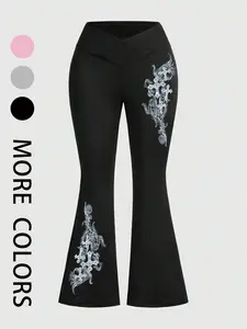 Women's High Waist baggy leggings, Elastic Waist Leggings, Cross Waist Design, Tummy Control, Wings & Cross Print, Casual Fitted Leggings for All Seasons