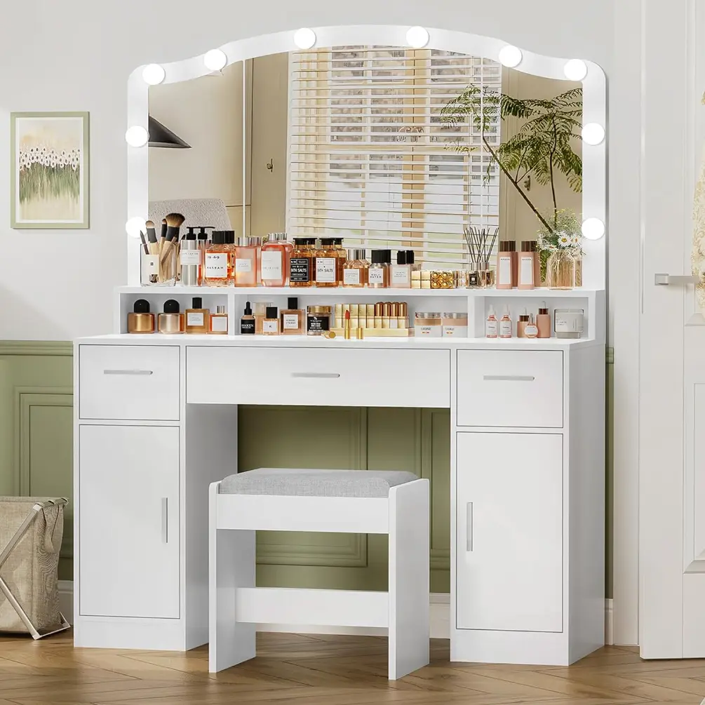 Modern simple home dressing tableMakeup Vanity with Lights, Vanity Desk, Makeup Vanity Table with 3 Drawers, 2 Cabinets & Long Storage Shelf, 10 Led Lights, Dressing Vanity Table with Stool, for Women, Girls, Bedroom, White