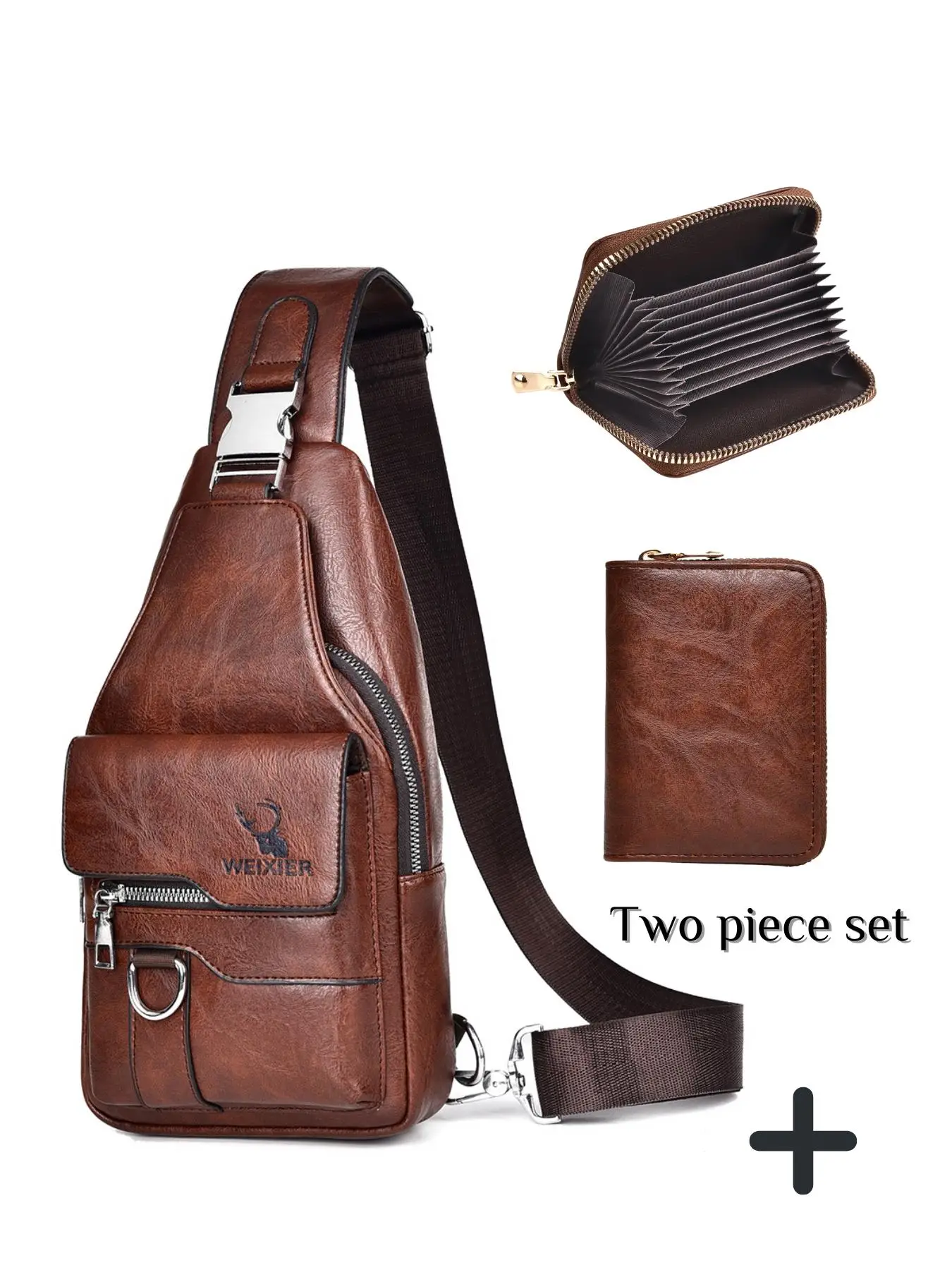 Men's Business Solid Color Zipper Chest Bag & Card Holder Set , Casual Pu Leather Crossbody Bag with Adjustable Strap & Wallet, Trendy Versatile High-