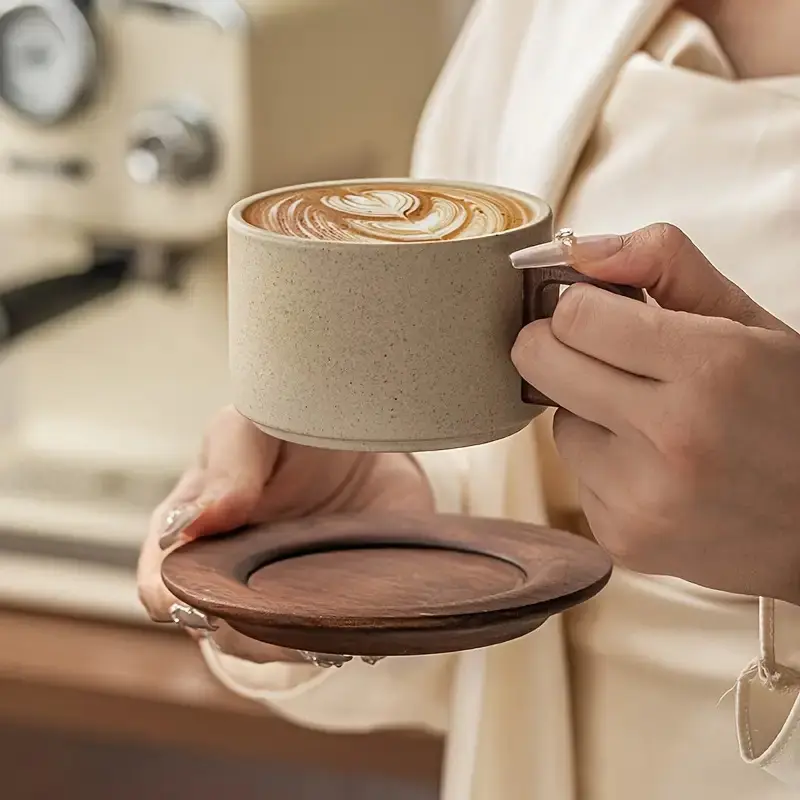 1 Set of 8.45 oz Retro Thick Ceramic Coffee Cups with Plates, featuring a classic straight design, heat-resistant handmade coffee cups, high-value wide-mouth cups, suitable for coffee art cups, suitable for families, cafes, and as gifts.