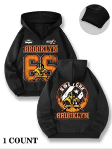 Men's Cartoon & Fire & Letter Print Drop Shoulder Half Zip Hoodie, Regular Fit Casual Long Sleeve Hooded Sweatshirt for Fall & Winter, Men's Clothes for Daily Wear, Halloween